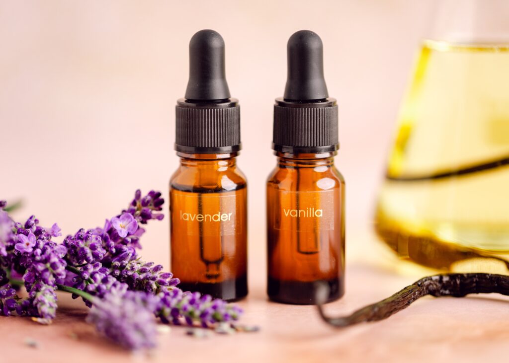 lavender and vanilla essential oils and Kula lavender and macadamia oil for a lavender vanilla body oil