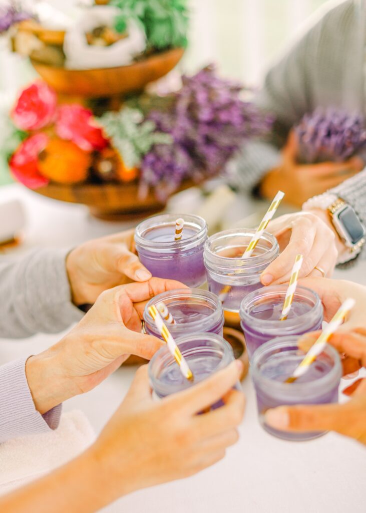 lavender lemonade with lavender honey from ali'i kula lavender farm for beauty workshop leiohu cosmetics butterfly pea flowers